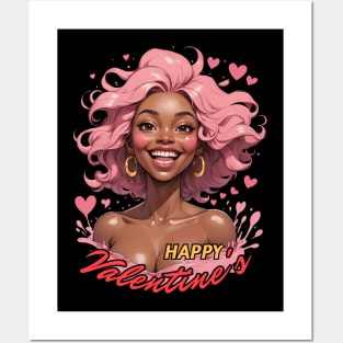 Happy Valentine's Day Black Girl Pink Hair comic pop art anime Posters and Art